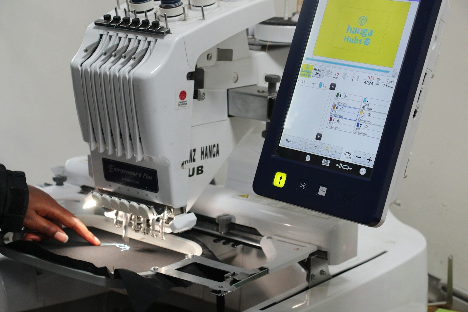 A person operating an embroidery machine