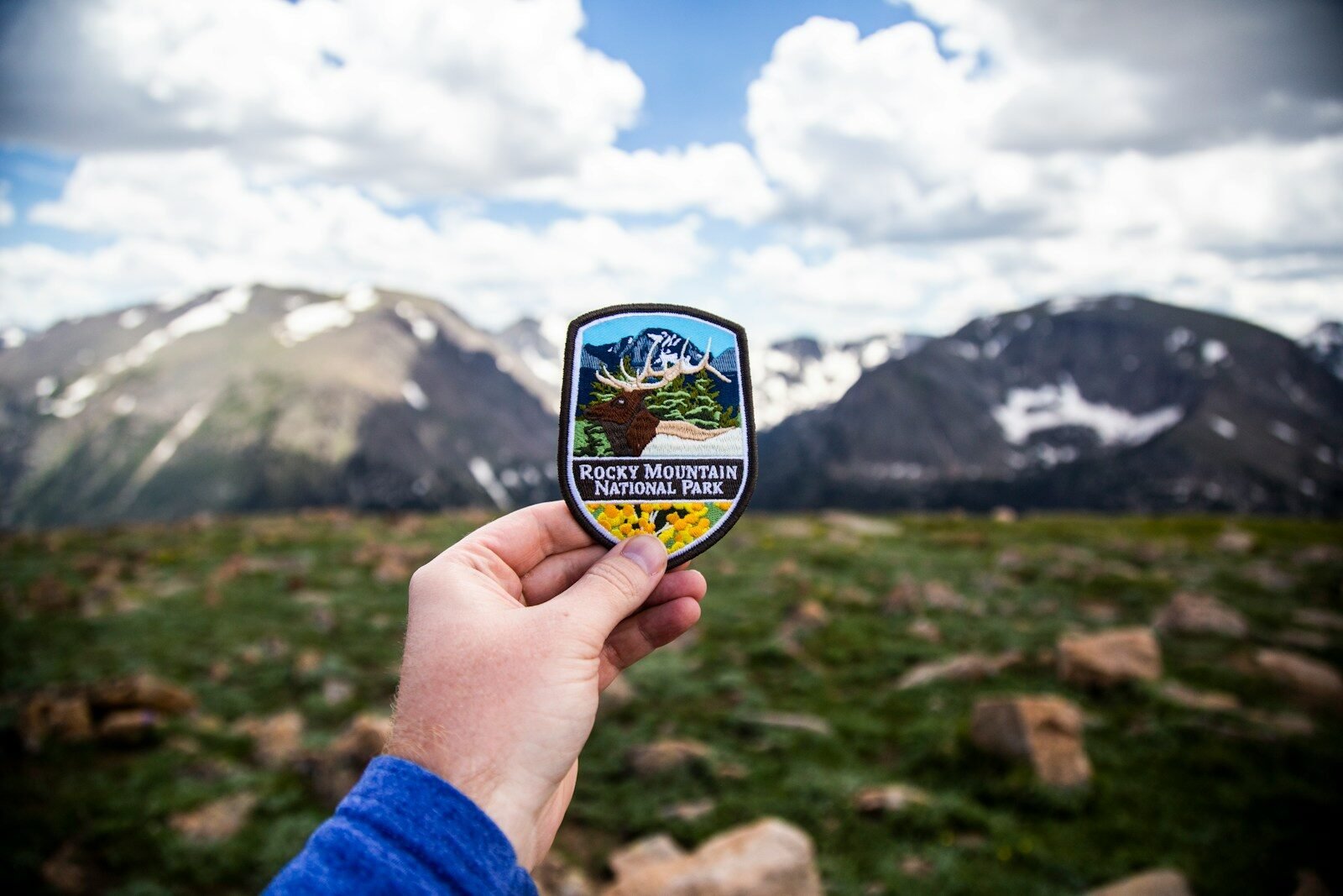 Person holding a black patch sample